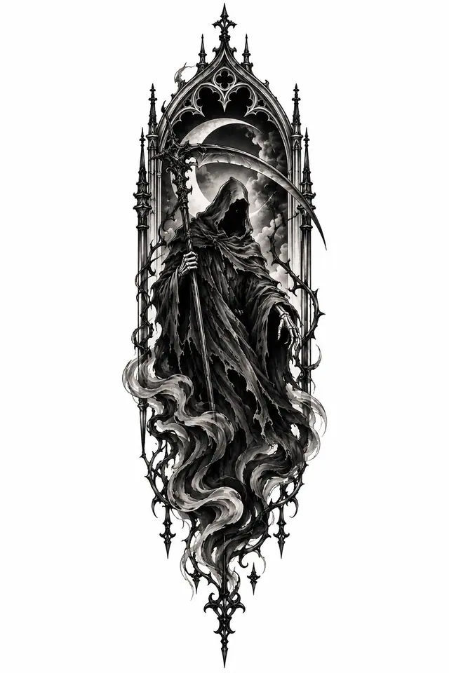 Blackwork grim reaper tattoo design for the thigh