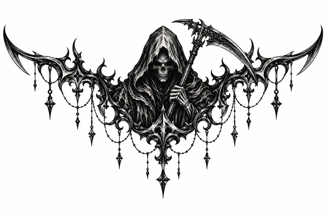 Blackwork grim reaper tattoo design for the throat