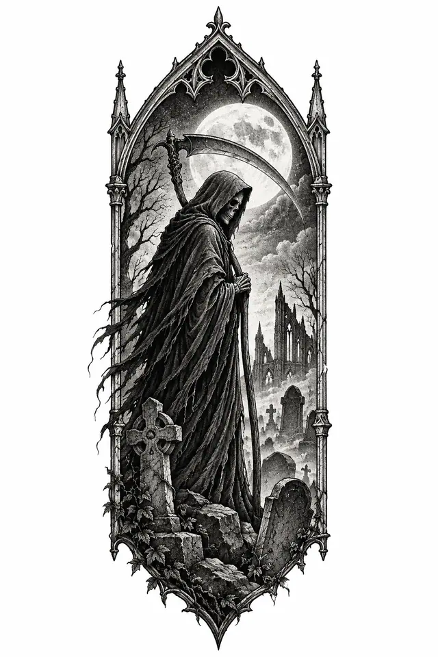 Dotwork grim reaper tattoo design for the calf