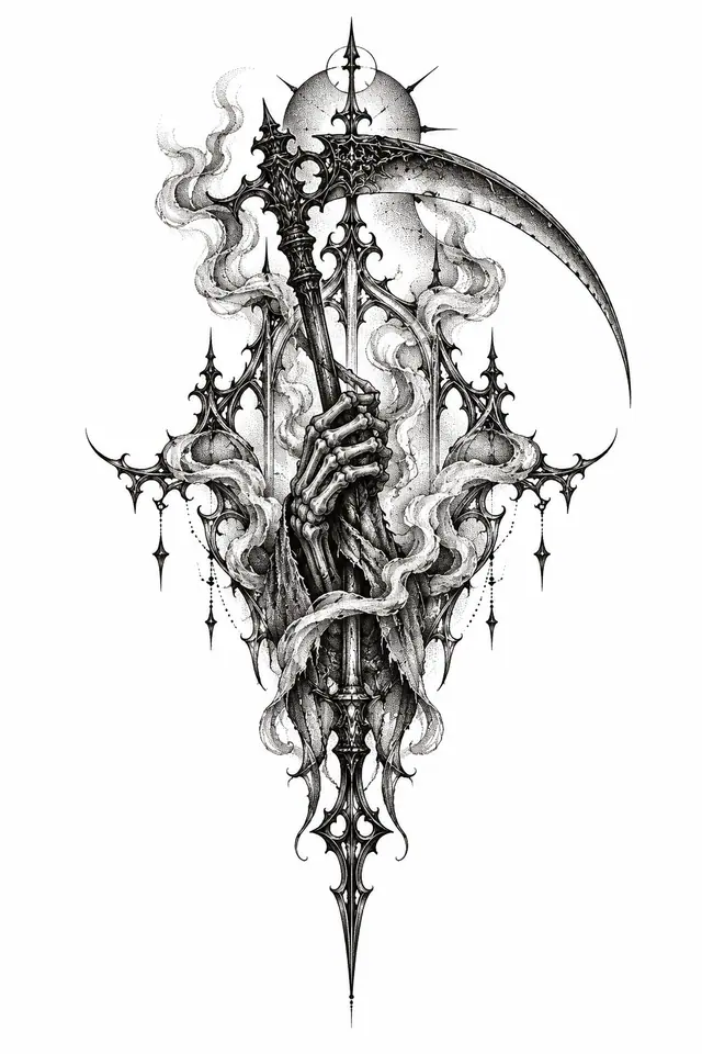 Dotwork grim reaper tattoo design for the sternum