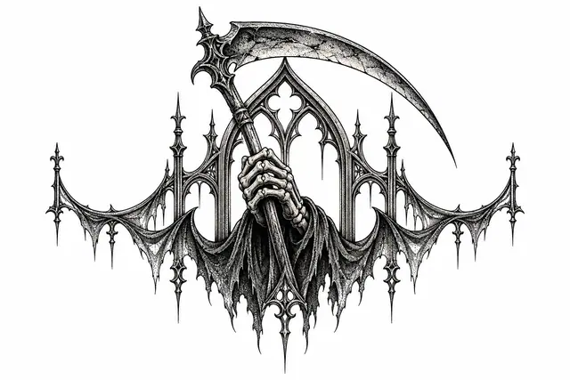 Dotwork grim reaper tattoo design for the throat