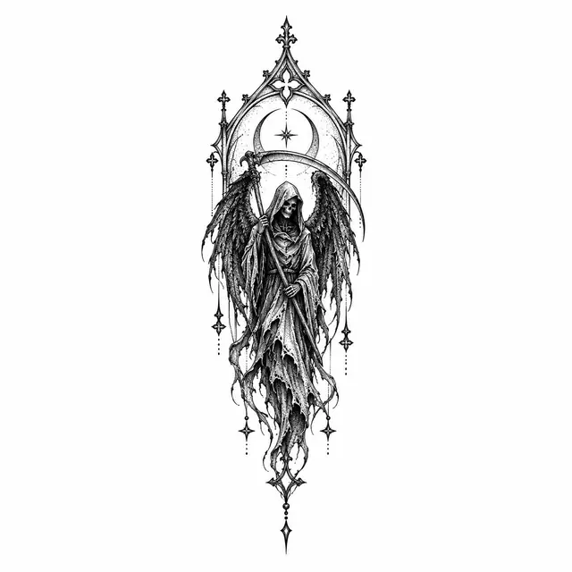 Dotwork grim reaper tattoo design for the wrist