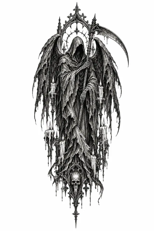 Engraving-style grim reaper tattoo design for the calf
