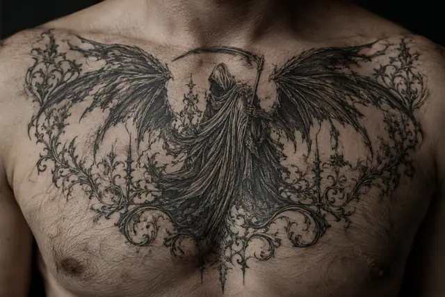 Engraving-style grim reaper tattoo on the chest