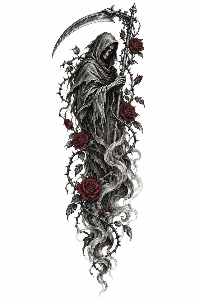 Engraving-style grim reaper tattoo design for the forearm