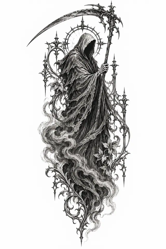 Engraving-style grim reaper tattoo design for the thigh