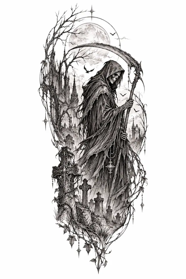 Fine-line grim reaper tattoo design for the upper arm (half sleeve)