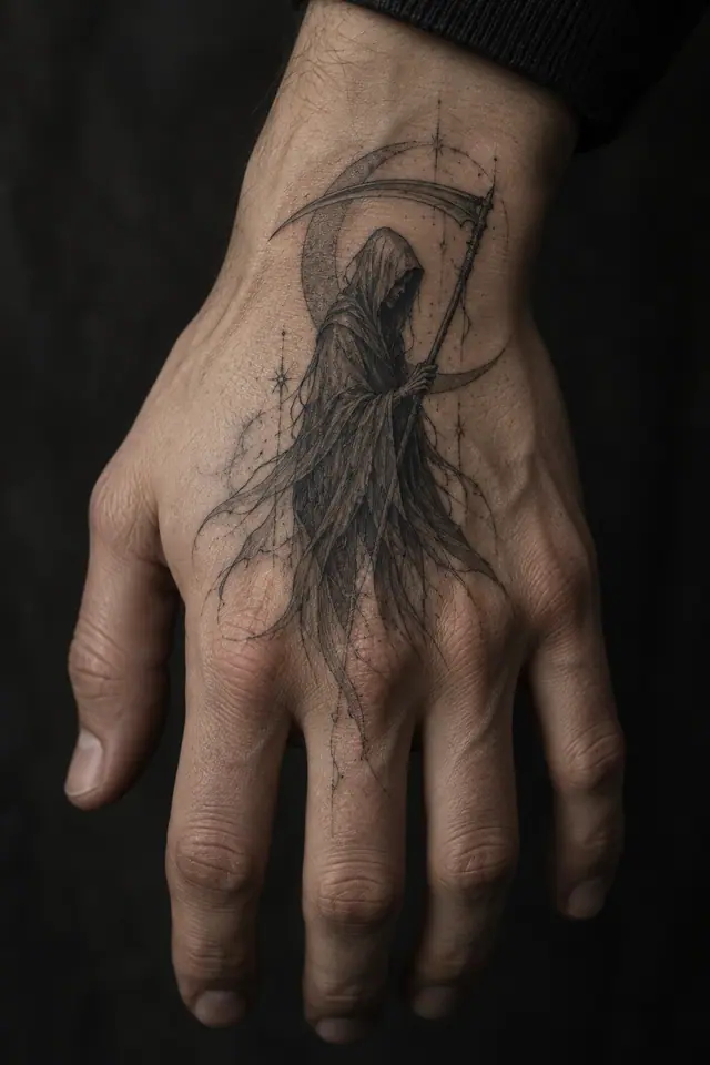 Fine-line grim reaper tattoo on the hand