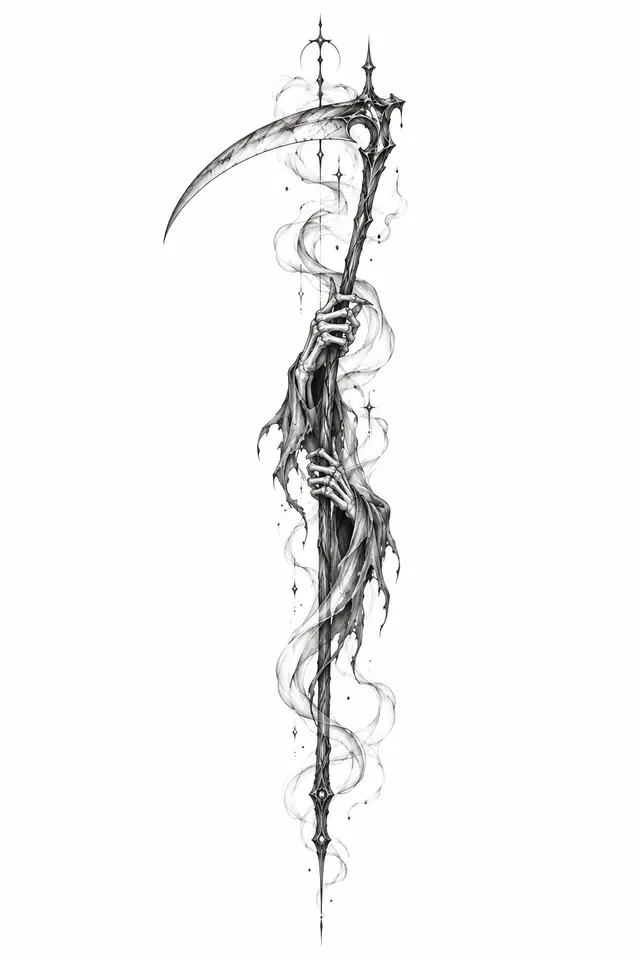 Fine-line grim reaper tattoo design for the spine