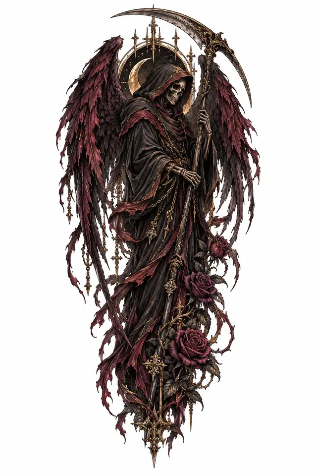 Neo-traditional grim reaper tattoo design for the thigh