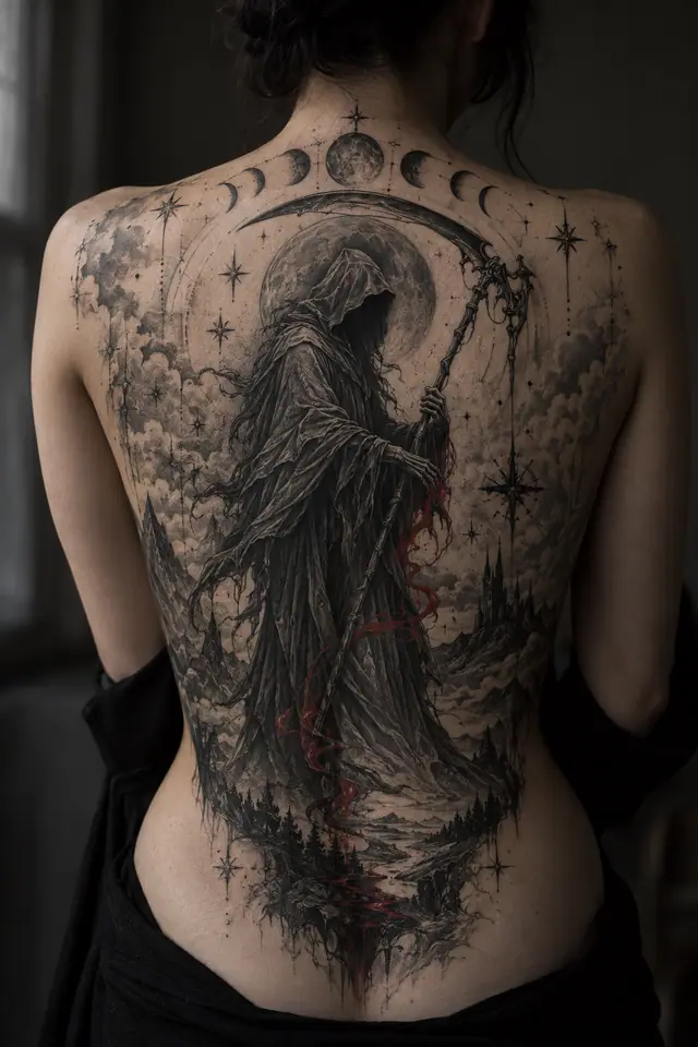 Red and black grim reaper tattoo on the back