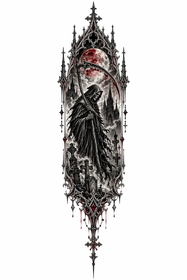 Red and black grim reaper tattoo design for the spine