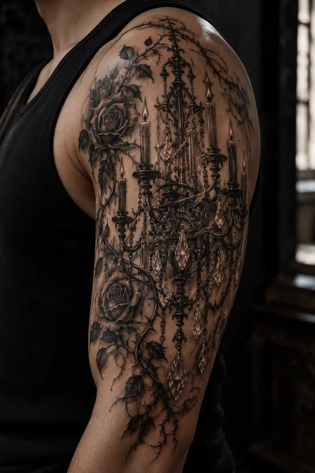 Black and grey gothic lace tattoo on the upper arm (half sleeve)