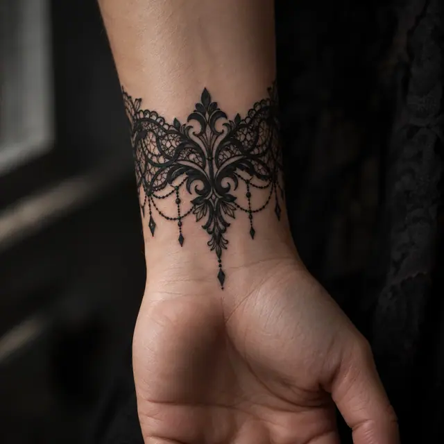 Blackwork gothic lace tattoo on the wrist