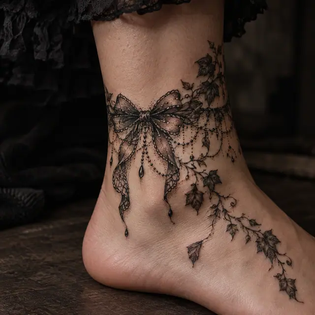 Dotwork gothic lace tattoo on the ankle