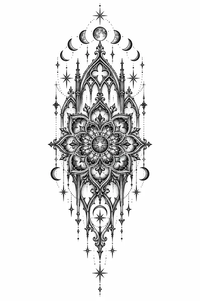 Dotwork gothic lace tattoo design for the calf