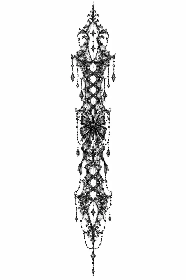 Dotwork gothic lace tattoo design for the spine