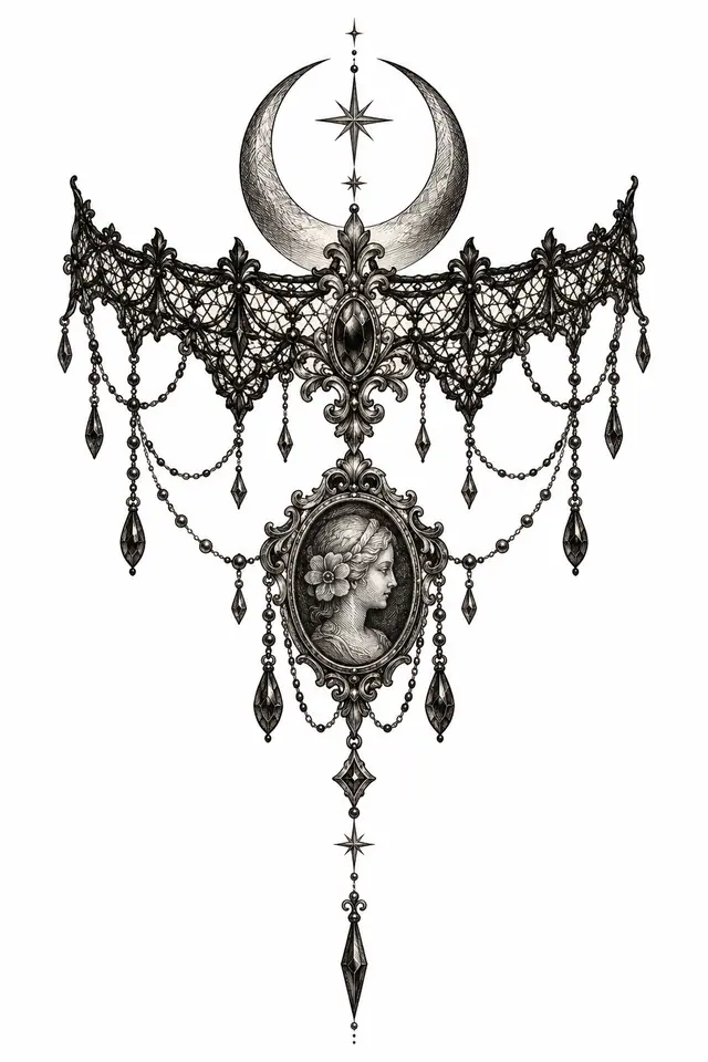 Engraving-style gothic lace tattoo design for the sternum