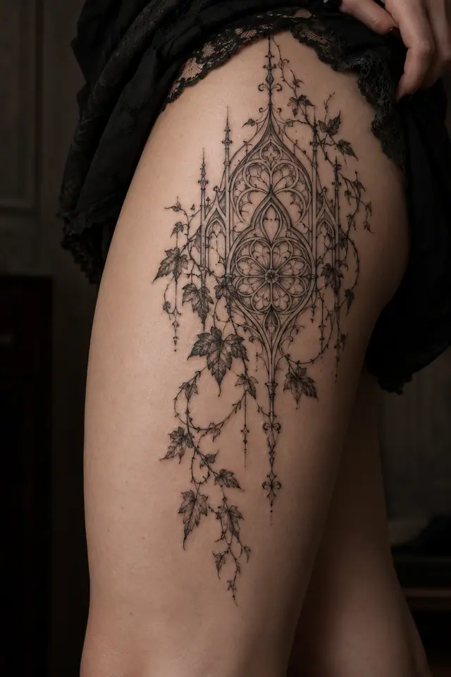 Fine-line gothic lace tattoo on the thigh