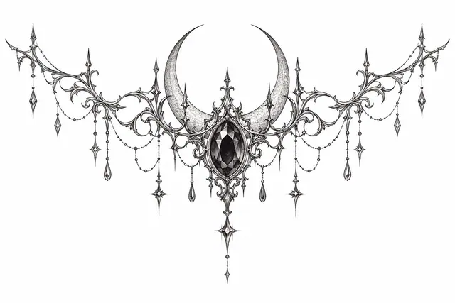 Fine-line gothic lace tattoo design for the throat