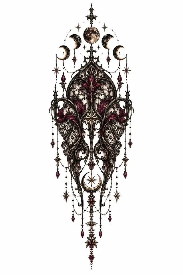 Neo-traditional gothic lace tattoo design for the calf