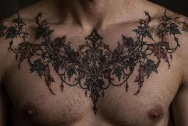 Neo-traditional gothic lace tattoo on the chest