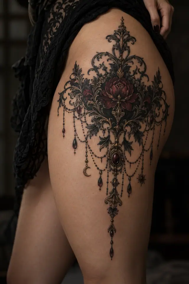 Neo-traditional gothic lace tattoo on the thigh