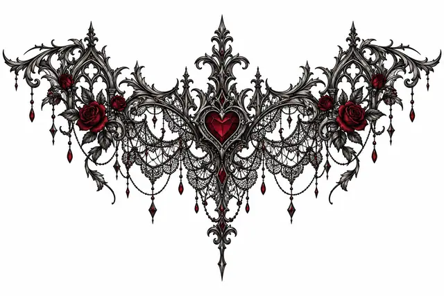 Red and black gothic lace tattoo design for the chest