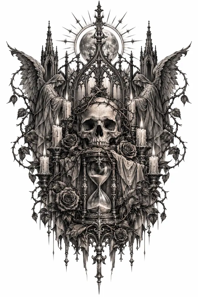 Black and grey memento mori tattoo design for the back