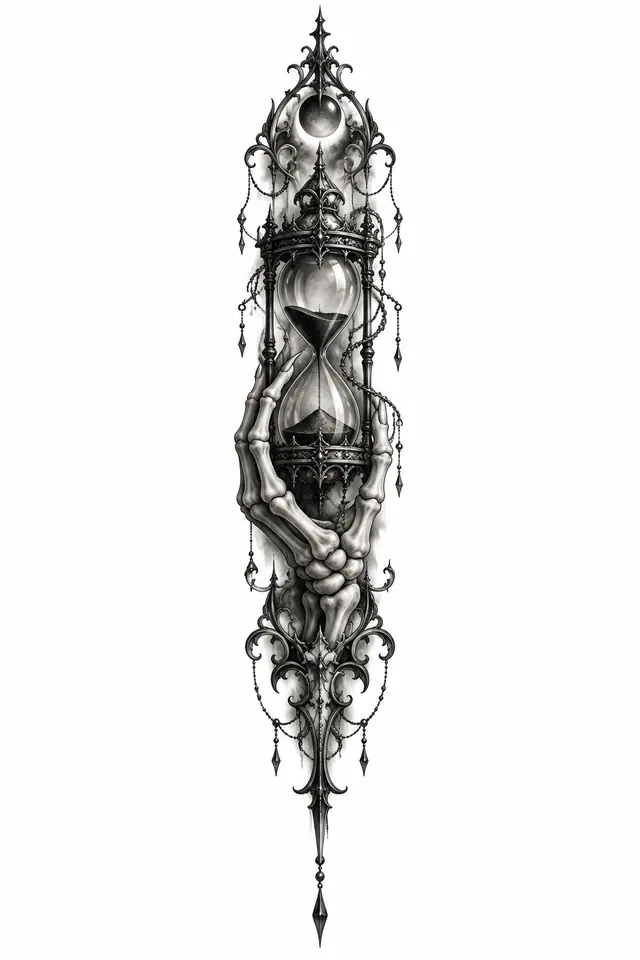 Black and grey memento mori tattoo design for the spine