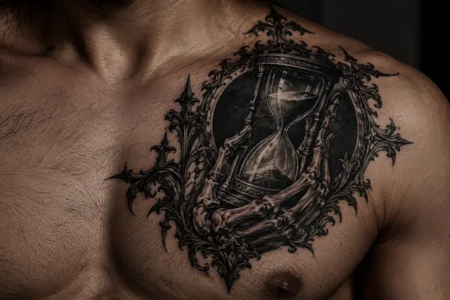 Blackwork memento mori tattoo on the chest