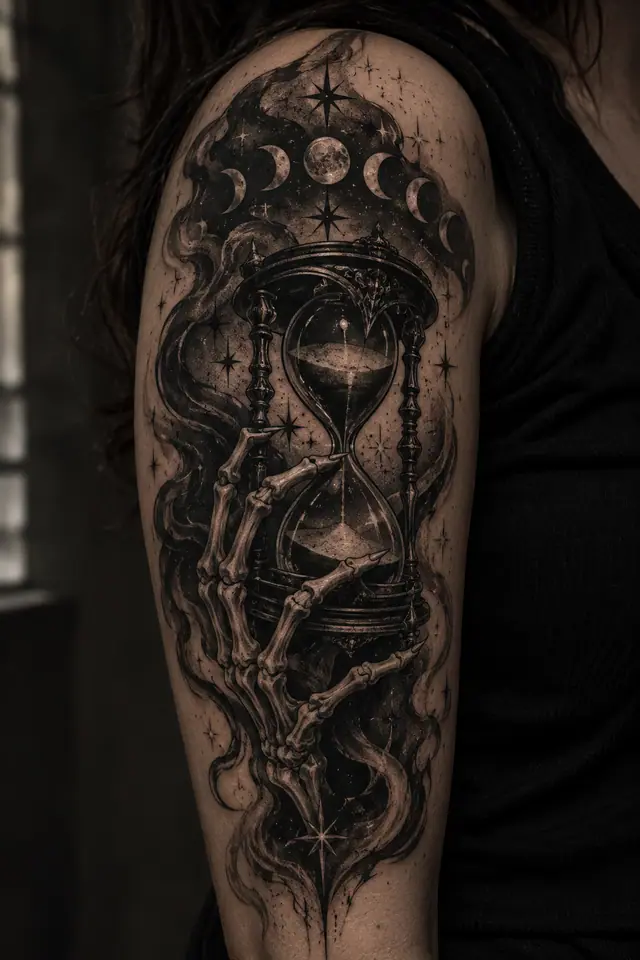 Blackwork memento mori tattoo on the upper arm (half sleeve)