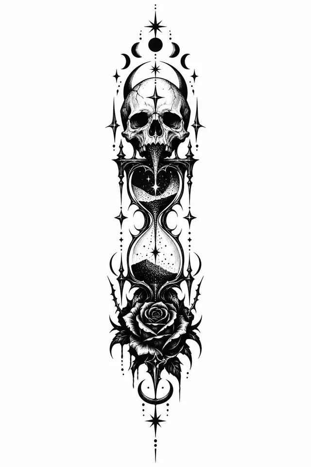 Blackwork memento mori tattoo design for the spine