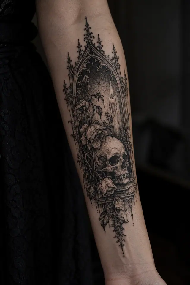 Dotwork memento mori tattoo on the forearm