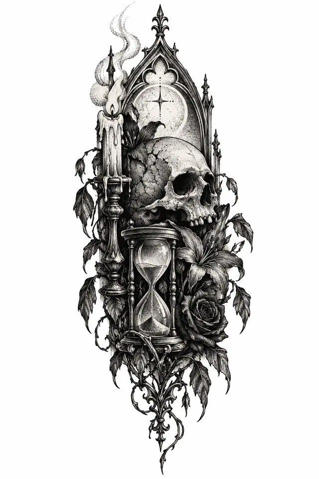 Dotwork memento mori tattoo design for the thigh