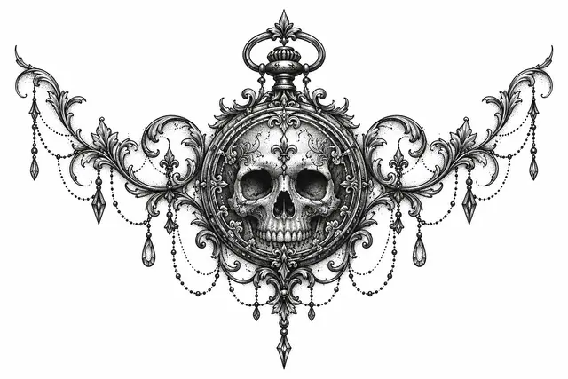 Dotwork memento mori tattoo design for the throat