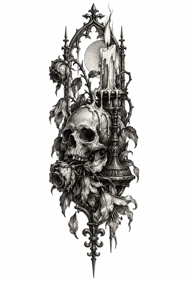 Engraving-style memento mori tattoo design for the calf