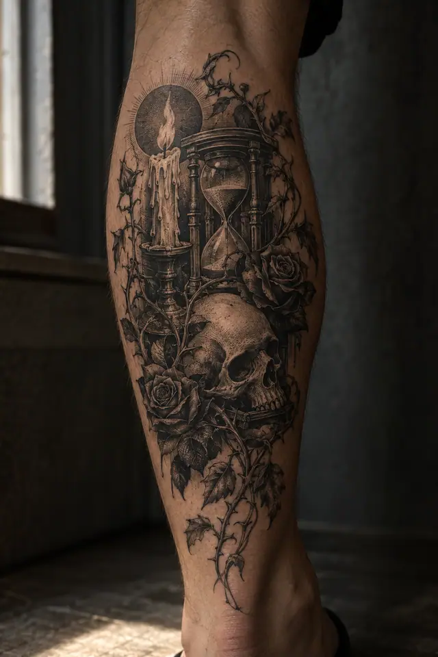 Engraving-style memento mori tattoo on the calf