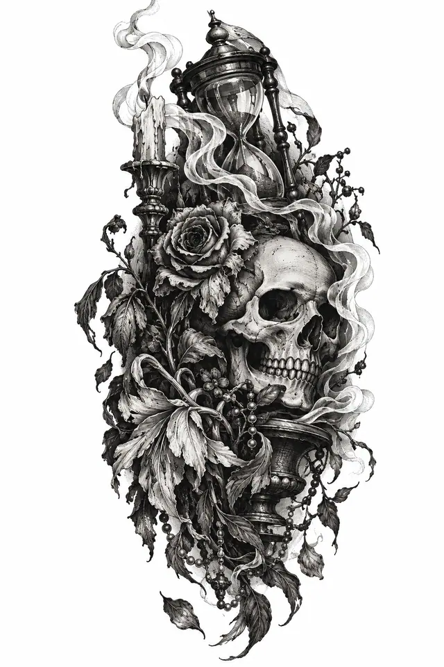 Engraving-style memento mori tattoo design for the upper arm (half sleeve)