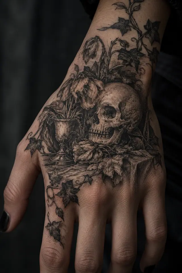 Engraving-style memento mori tattoo on the hand
