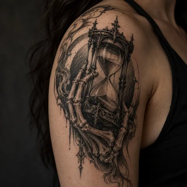 Engraving-style memento mori tattoo on the shoulder