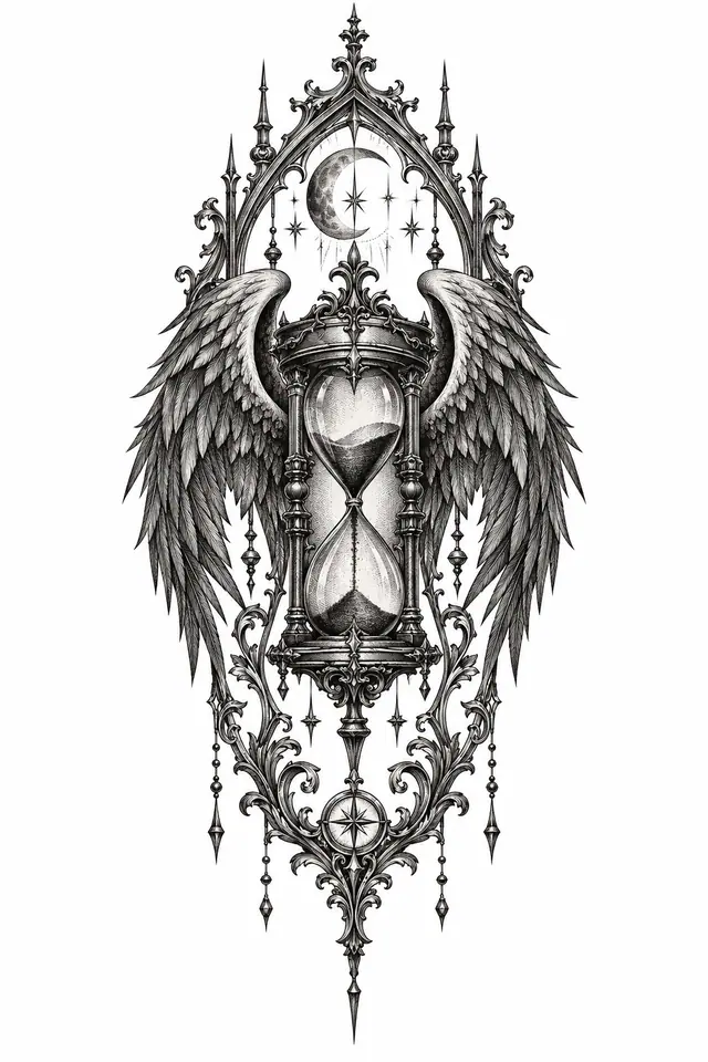 Engraving-style memento mori tattoo design for the thigh