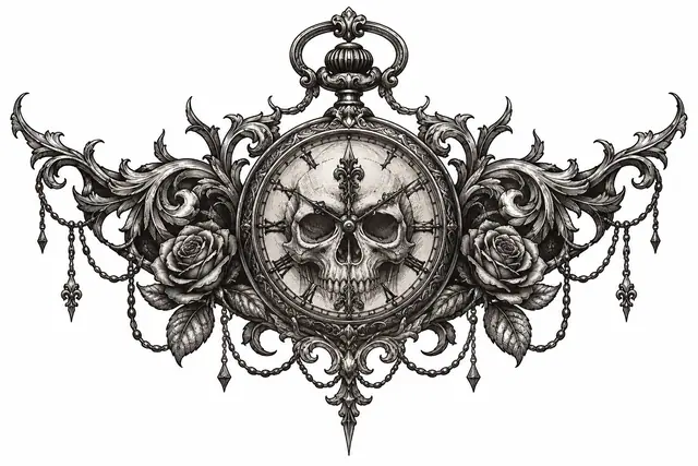 Engraving-style memento mori tattoo design for the throat