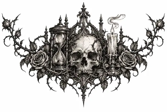 Engraving-style memento mori tattoo design for the throat