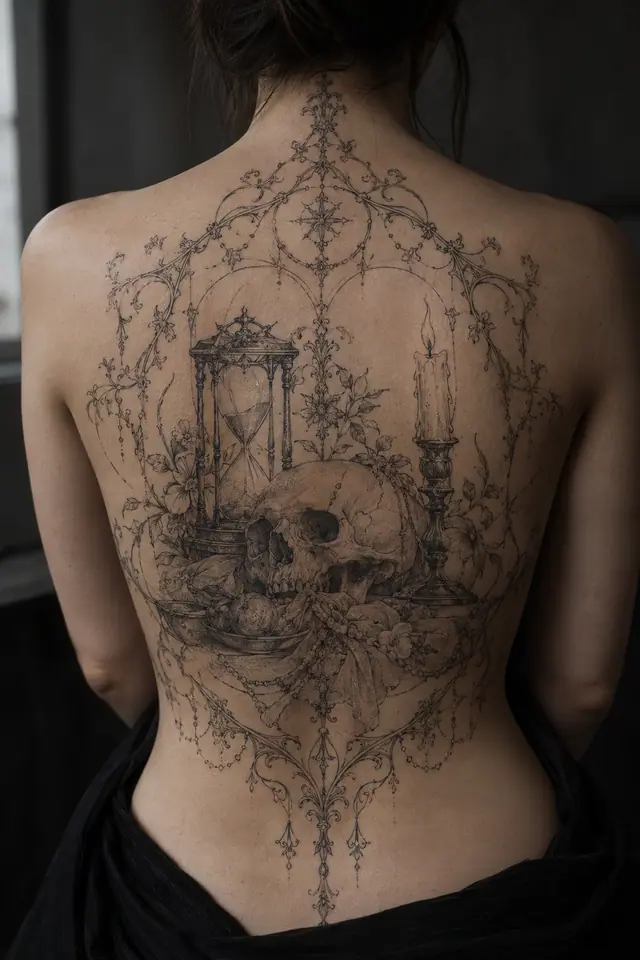 Fine-line memento mori tattoo on the back
