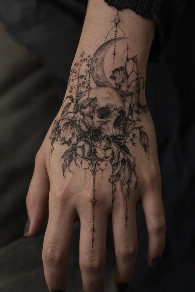 Fine-line memento mori tattoo on the hand