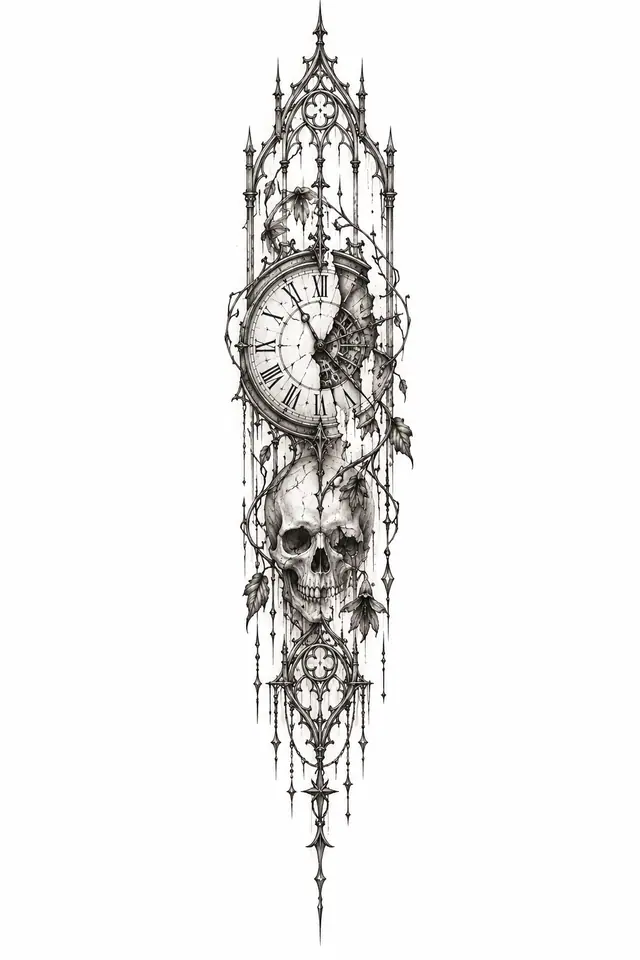 Fine-line memento mori tattoo design for the spine
