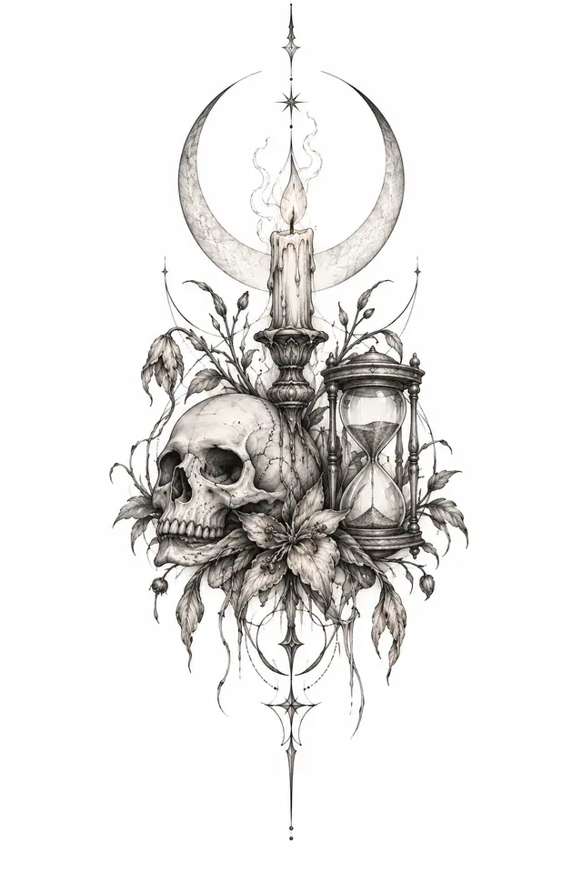 Fine-line memento mori tattoo design for the sternum