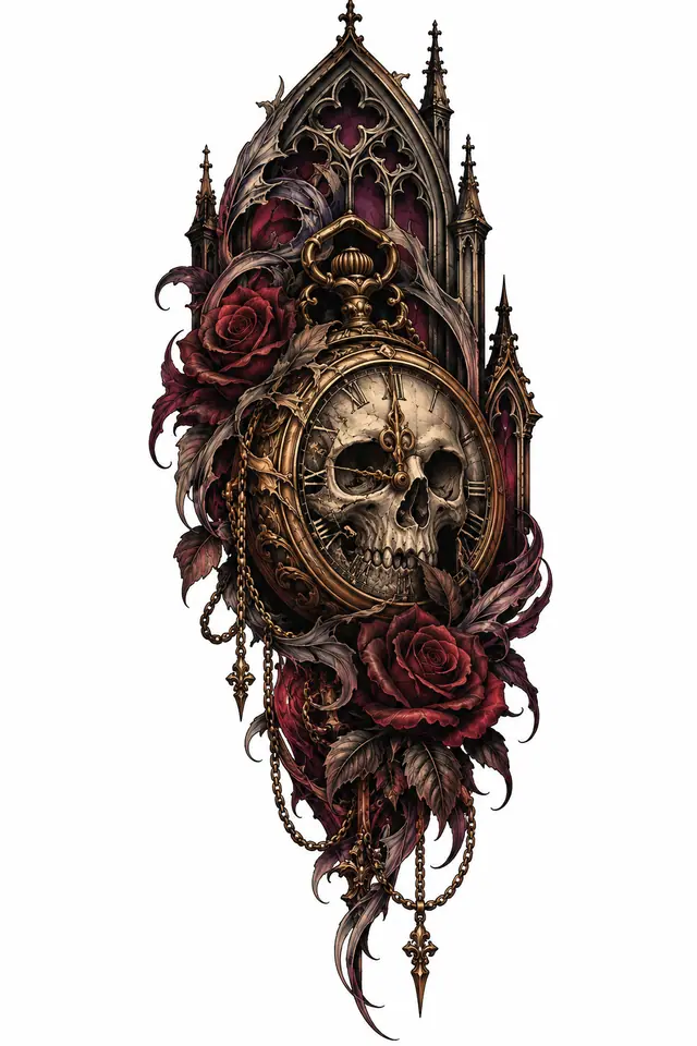 Neo-traditional memento mori tattoo design for the upper arm (half sleeve)