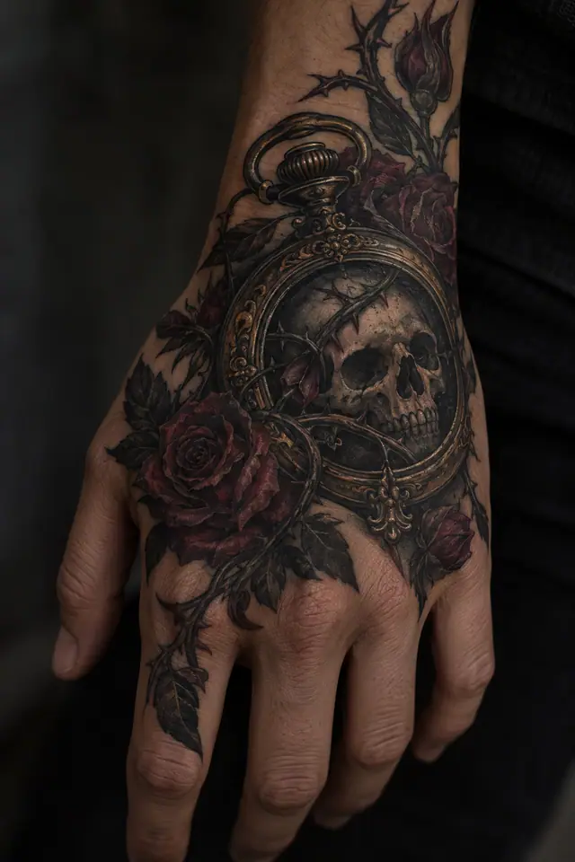 Neo-traditional memento mori tattoo on the hand